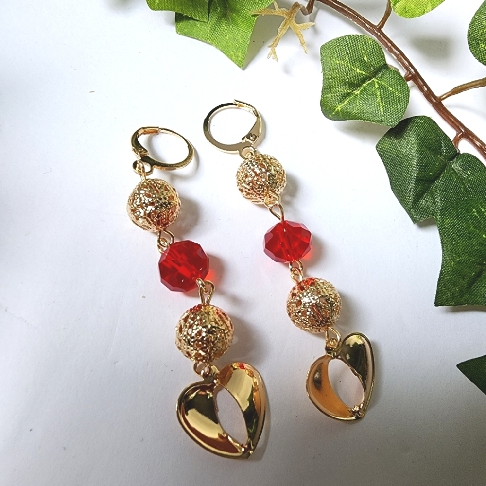 Gold Filled Ball and  Red Crystal Dangle Huggie Earrings